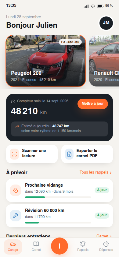 Garage multi-véhicules et suivi du kilométrage