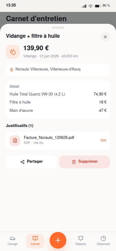 Détail d'une intervention et justificatif