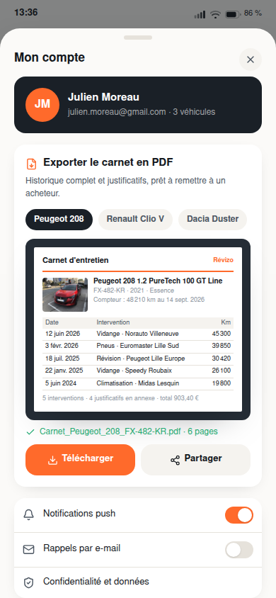 Export PDF du carnet, prêt à partager