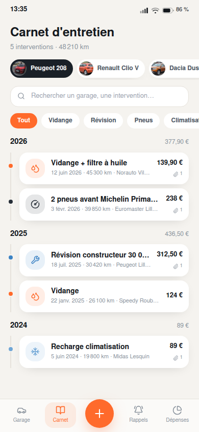 Carnet d'entretien classé par année
