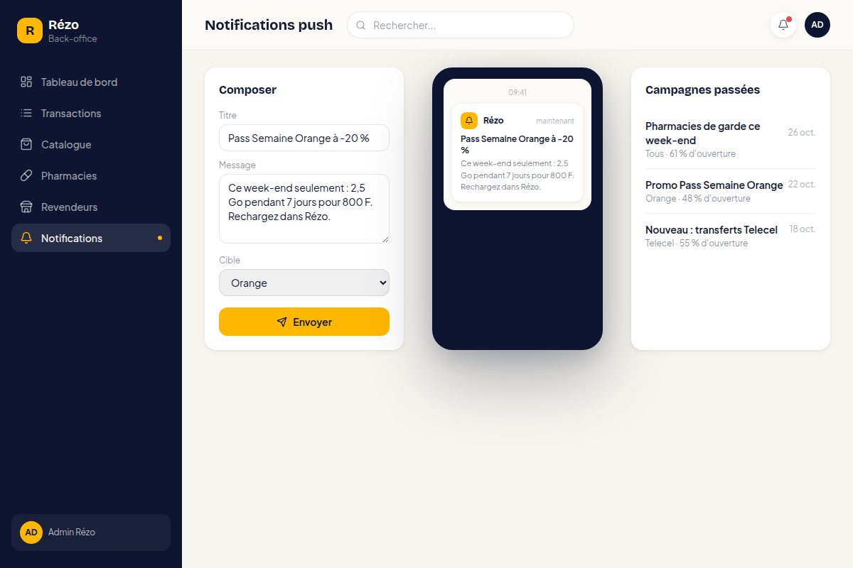 Notification push ciblée avec aperçu en direct