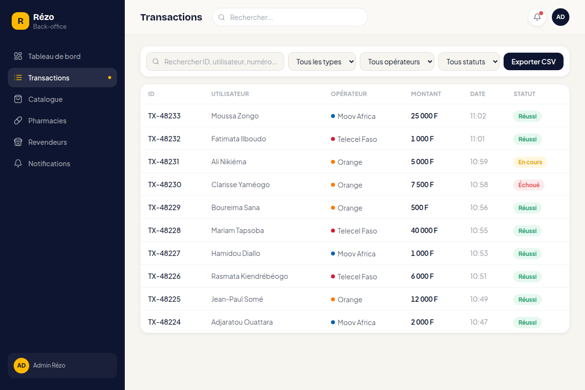 Suivi des transactions filtrable et export CSV