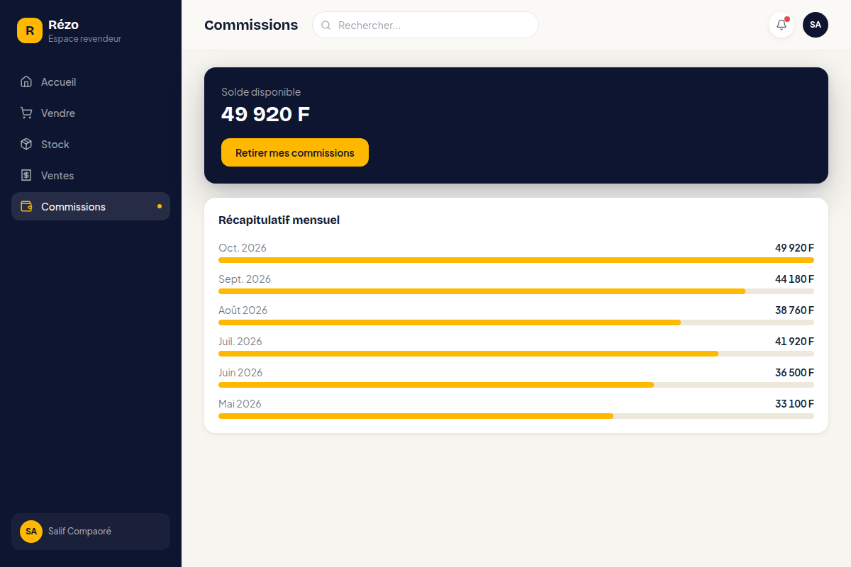 Solde de commissions, retrait et suivi mensuel