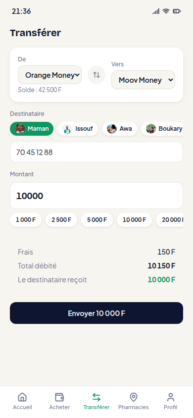 Transfert Orange Money vers Moov Money, frais affichés
