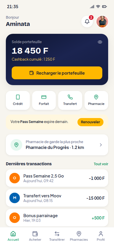 Accueil : solde portefeuille et actions rapides