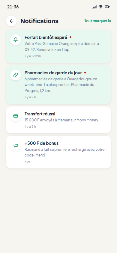Alertes d'expiration, gardes du jour et transferts