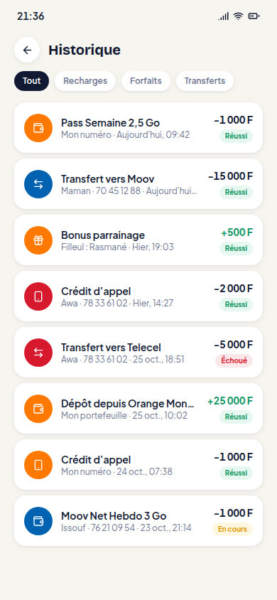 Historique des transactions avec statut et filtres