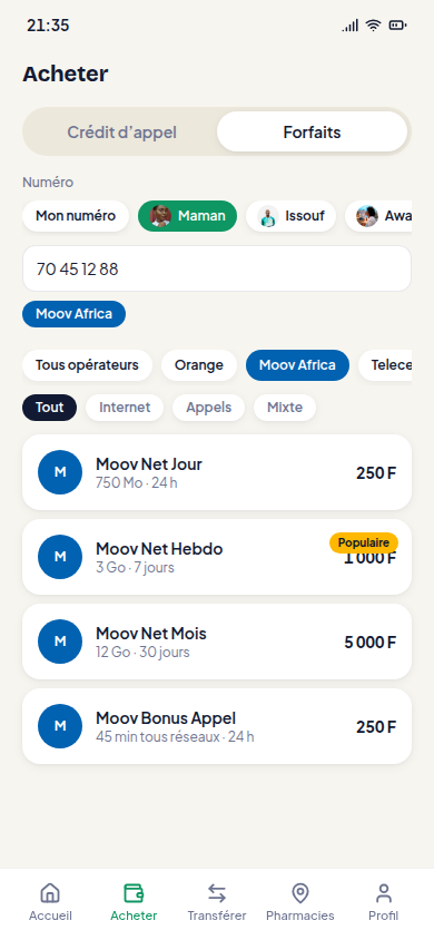 Achat de forfait filtré sur l'opérateur détecté