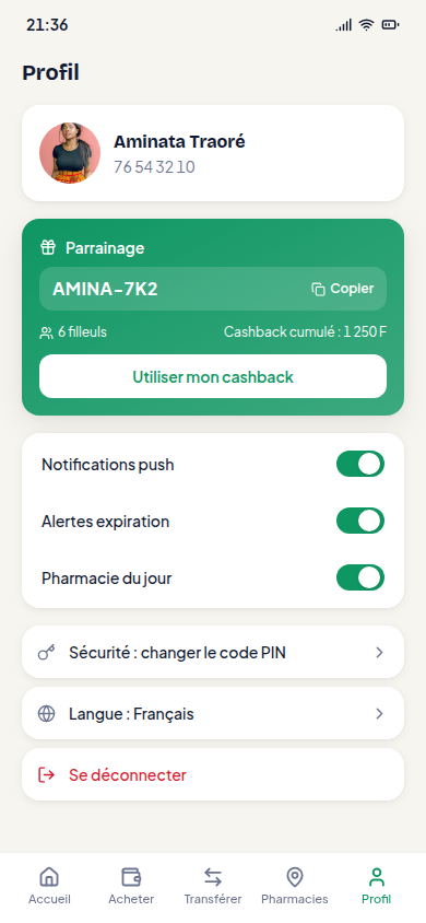Profil : parrainage, cashback et préférences