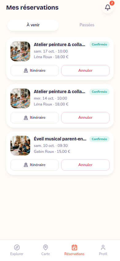 Mes réservations : statut et itinéraire