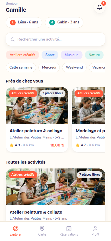 Accueil : recherche par enfant, catégorie, date