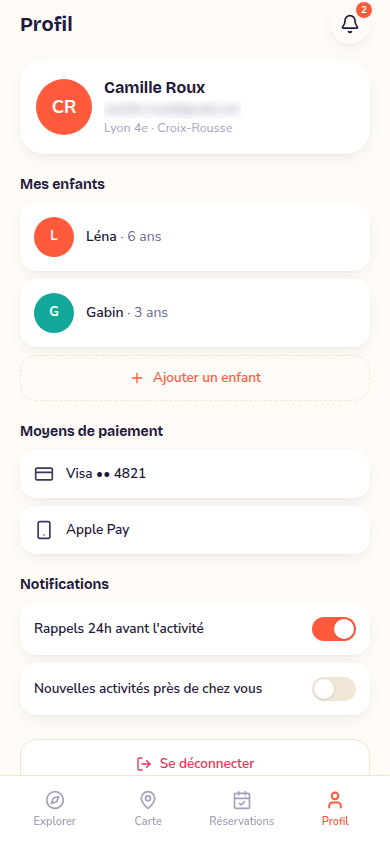 Profil : enfants, paiement, rappels