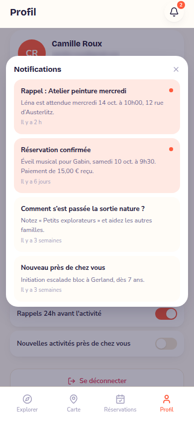Notifications : rappels et confirmations