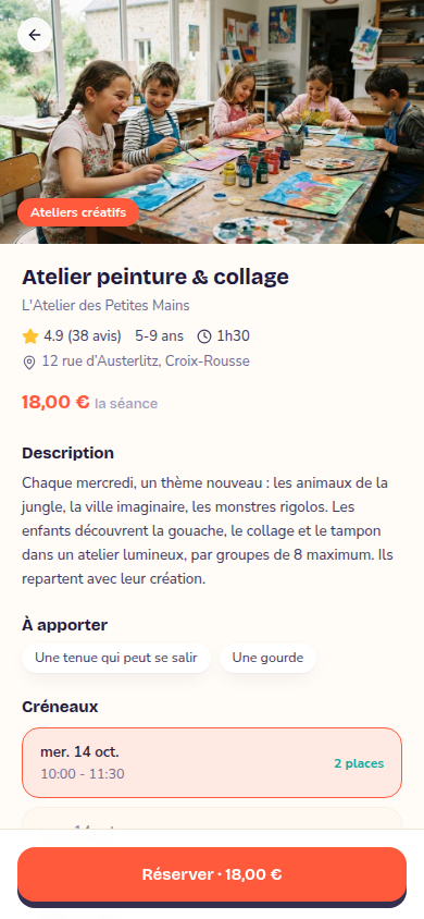 Fiche activité : infos, note, tarif, créneaux