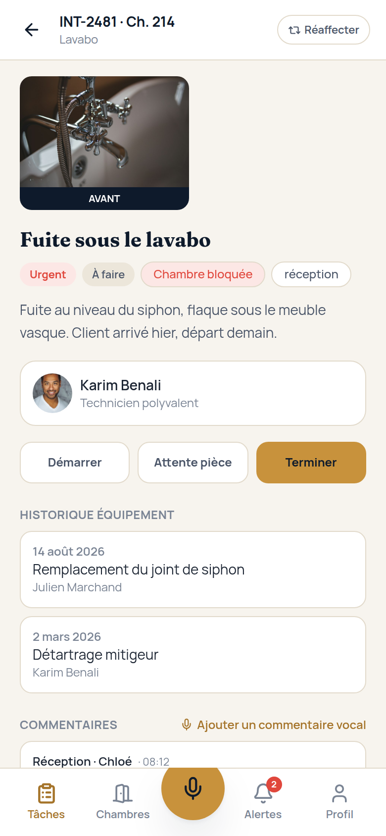 Fiche intervention avec photo et historique
