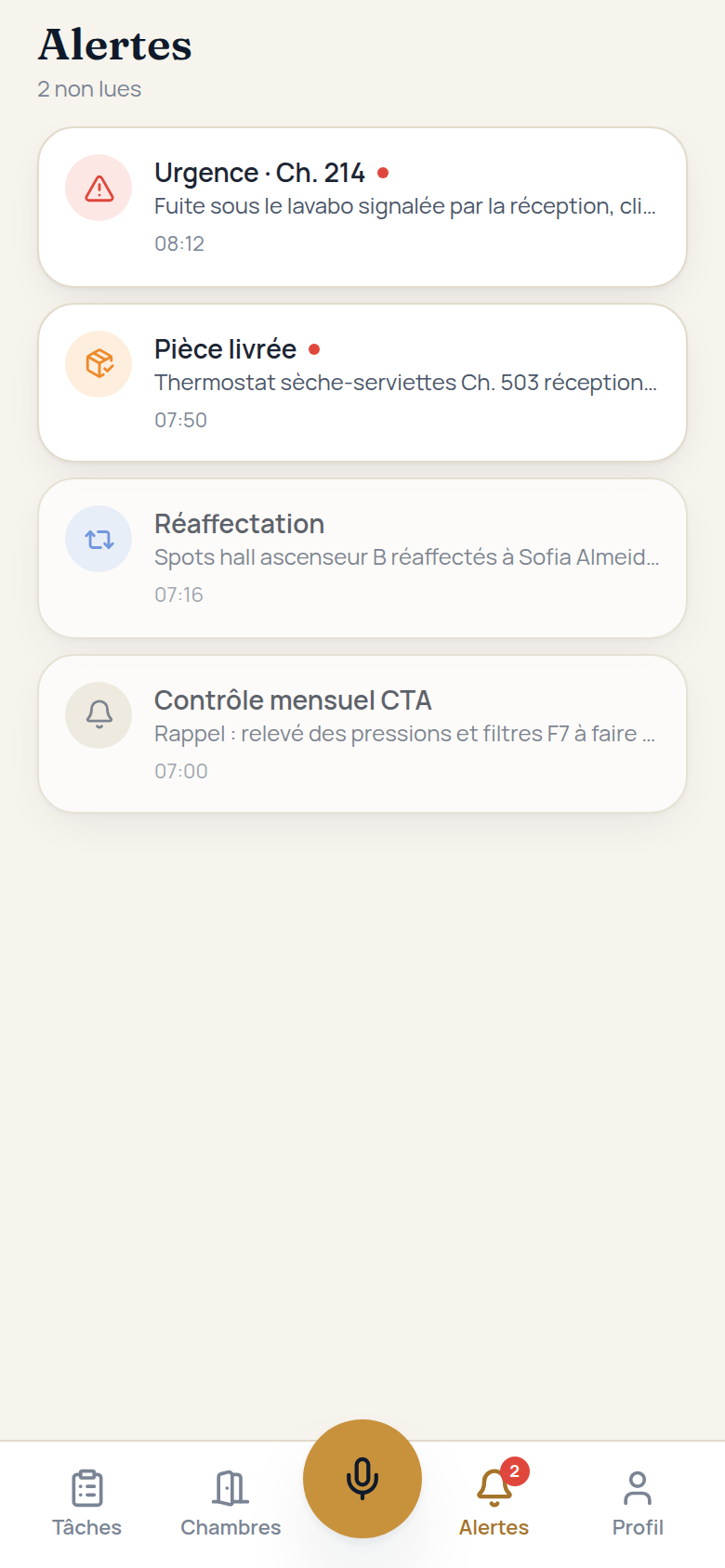 Alertes en temps réel pour le technicien