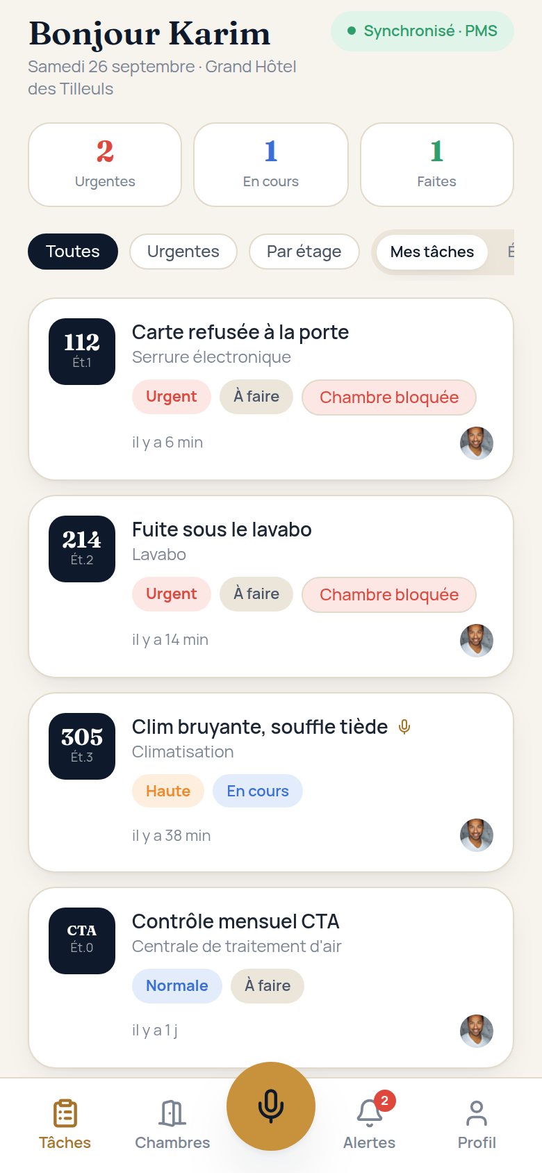 Liste des tâches du technicien, triée par urgence