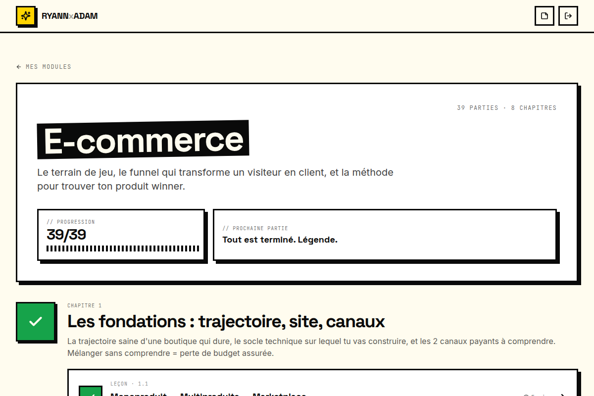 Vue module : 8 chapitres, progression suivie