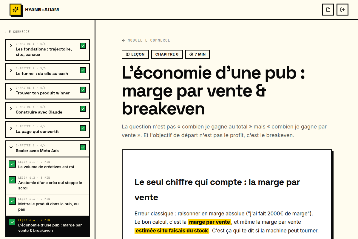 Leçon dédiée : marge par vente et breakeven