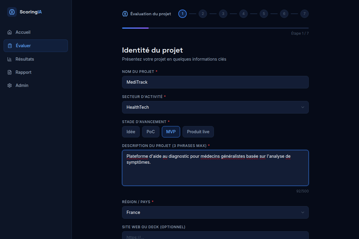 Formulaire guidé — étape Identité du projet