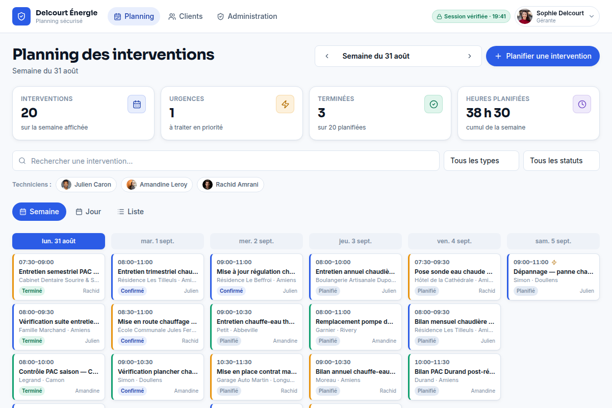 Calendrier hebdomadaire des interventions terrain