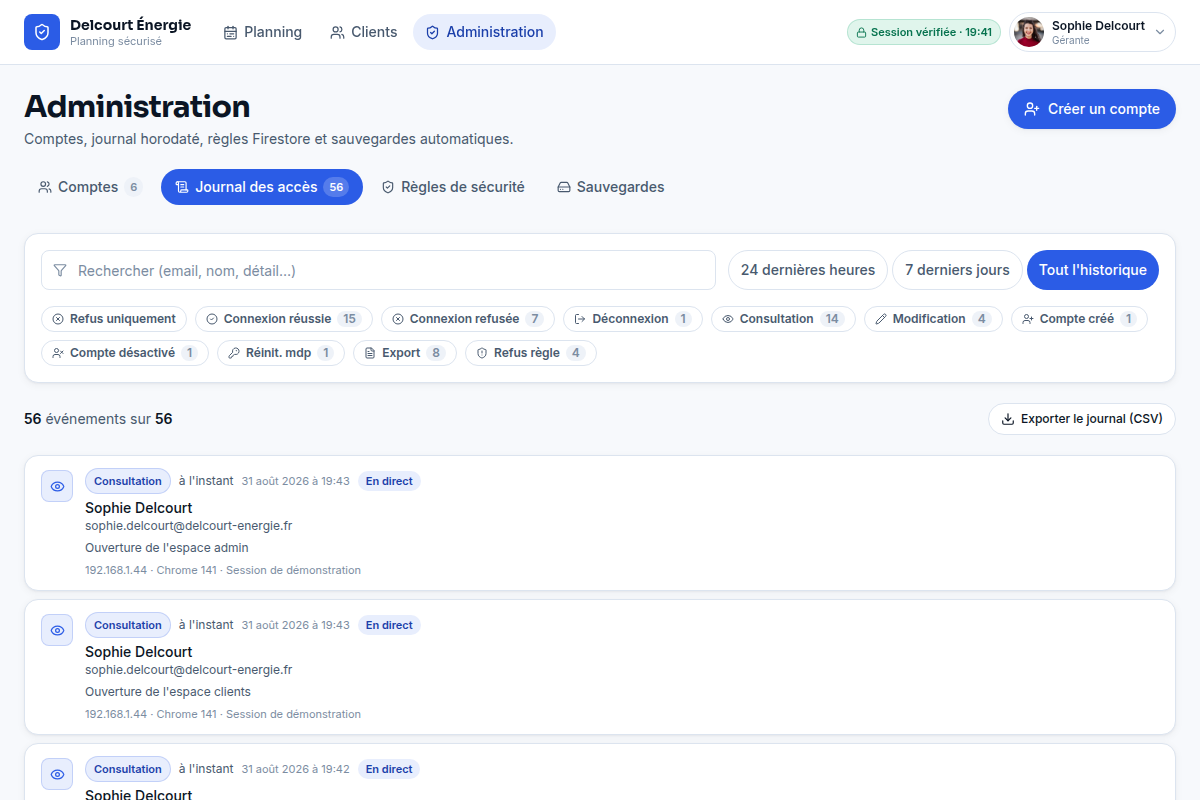 Journal horodaté des connexions et modifications