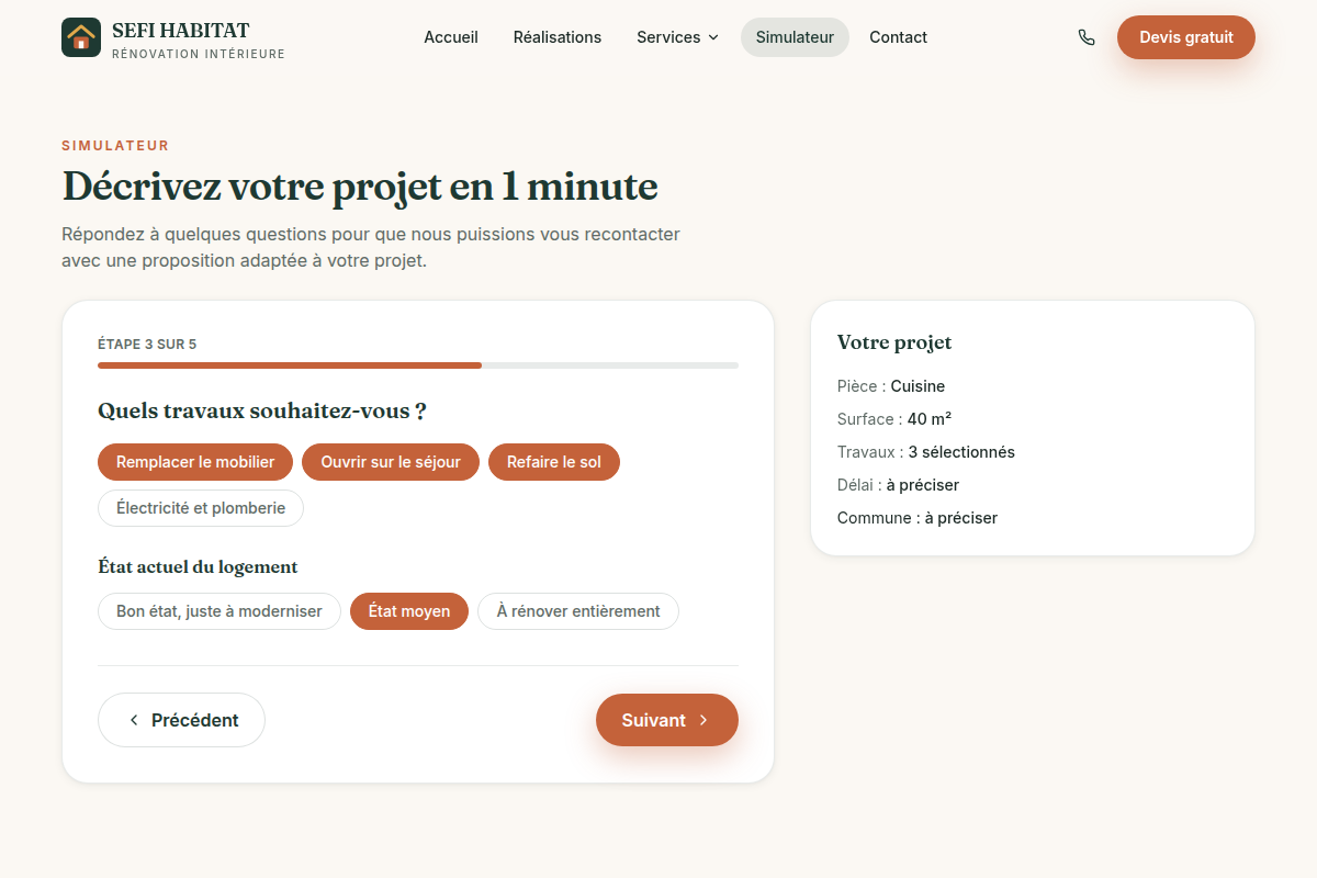 Simulateur de projet guidé avec récap en direct