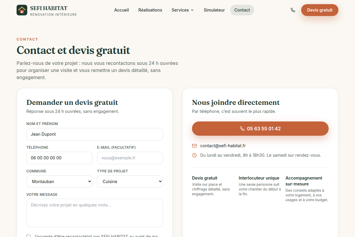 Formulaire de devis et appel direct