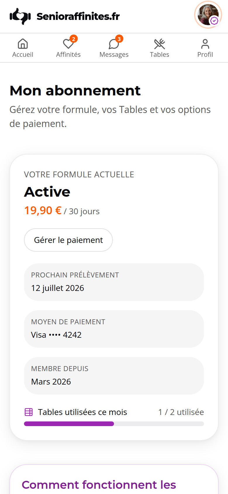 Espace abonnement et paiement
