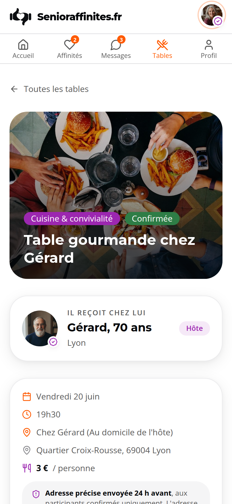 Détail d'une Table : lieu, convives, réservation