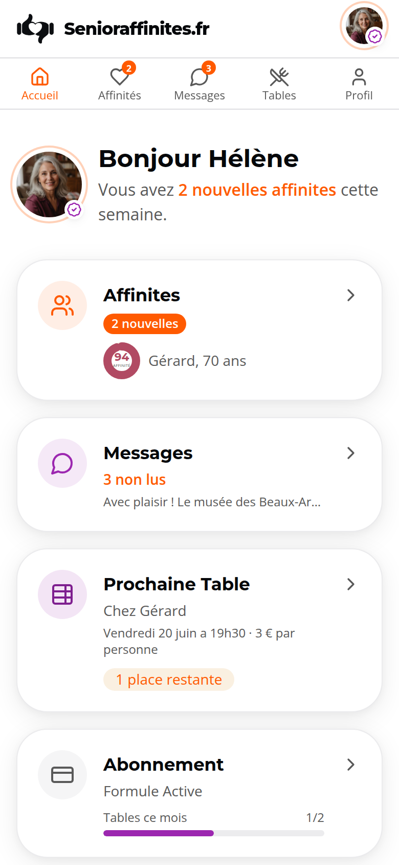 Tableau de bord : affinités, messages et prochaine Table