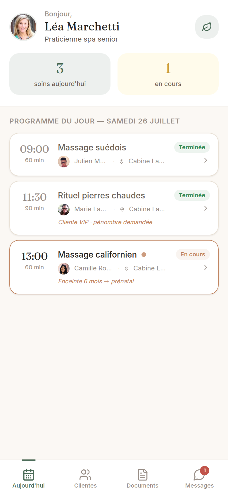 Programme du jour de la praticienne