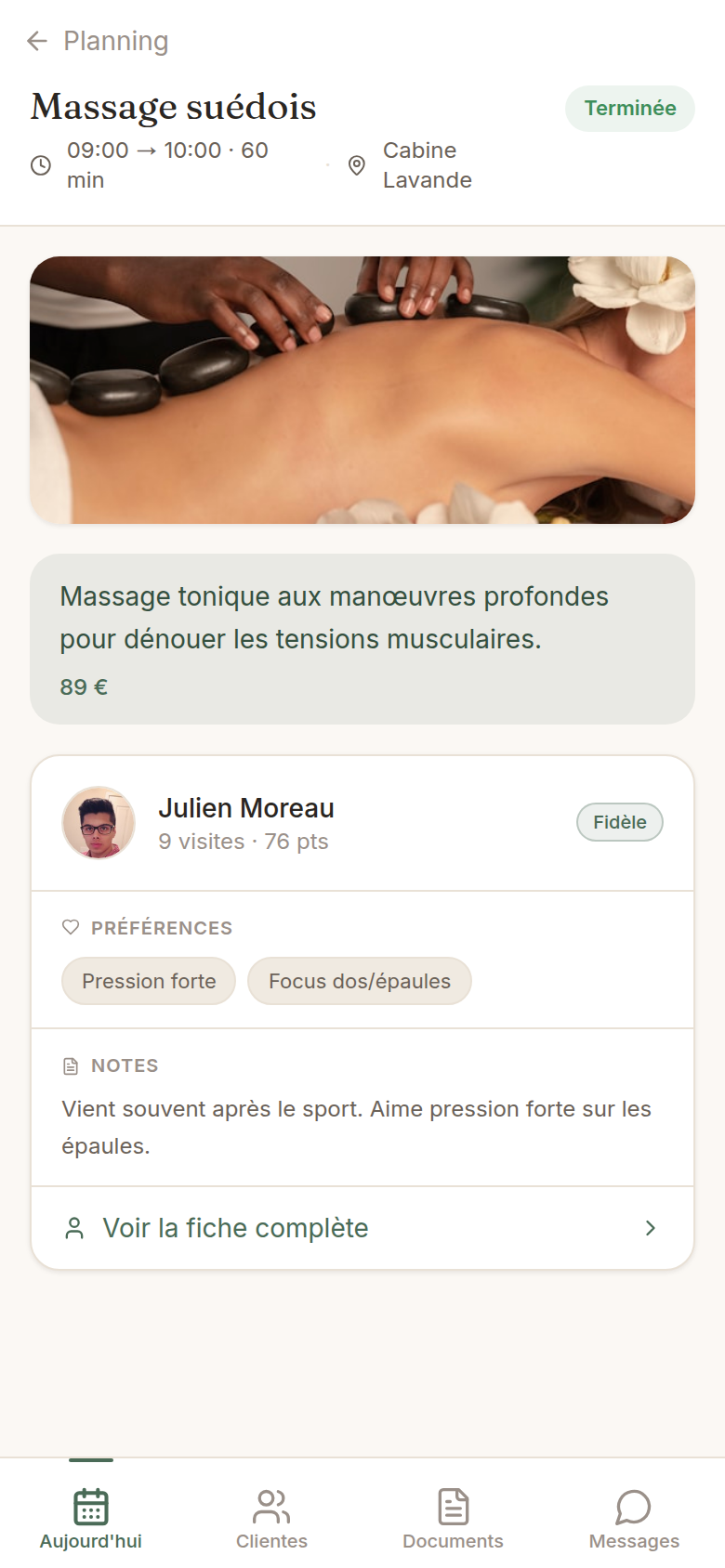 Détail réservation : client et préférences