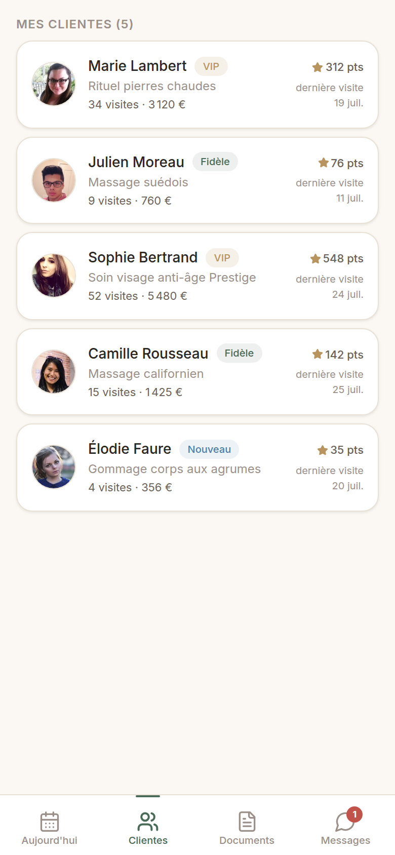 Clientes avec fidélité et historique