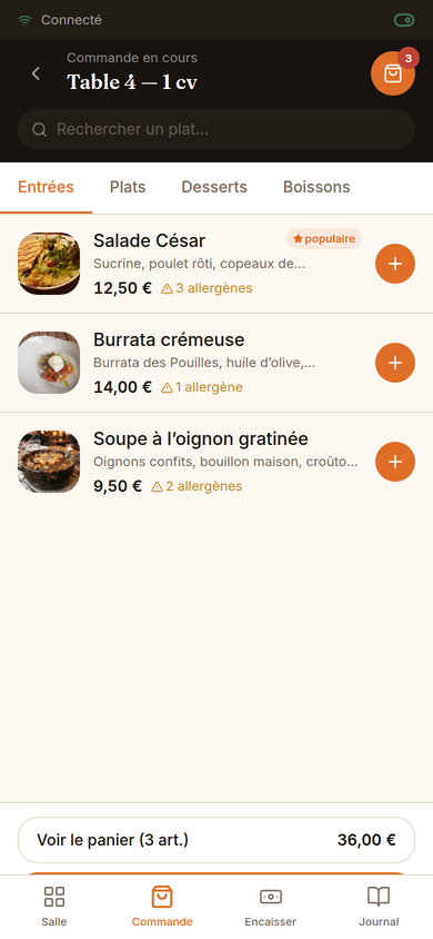 Prise de commande avec la carte