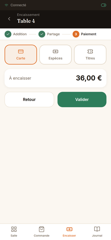 Encaissement CB, espèces ou titre-restaurant