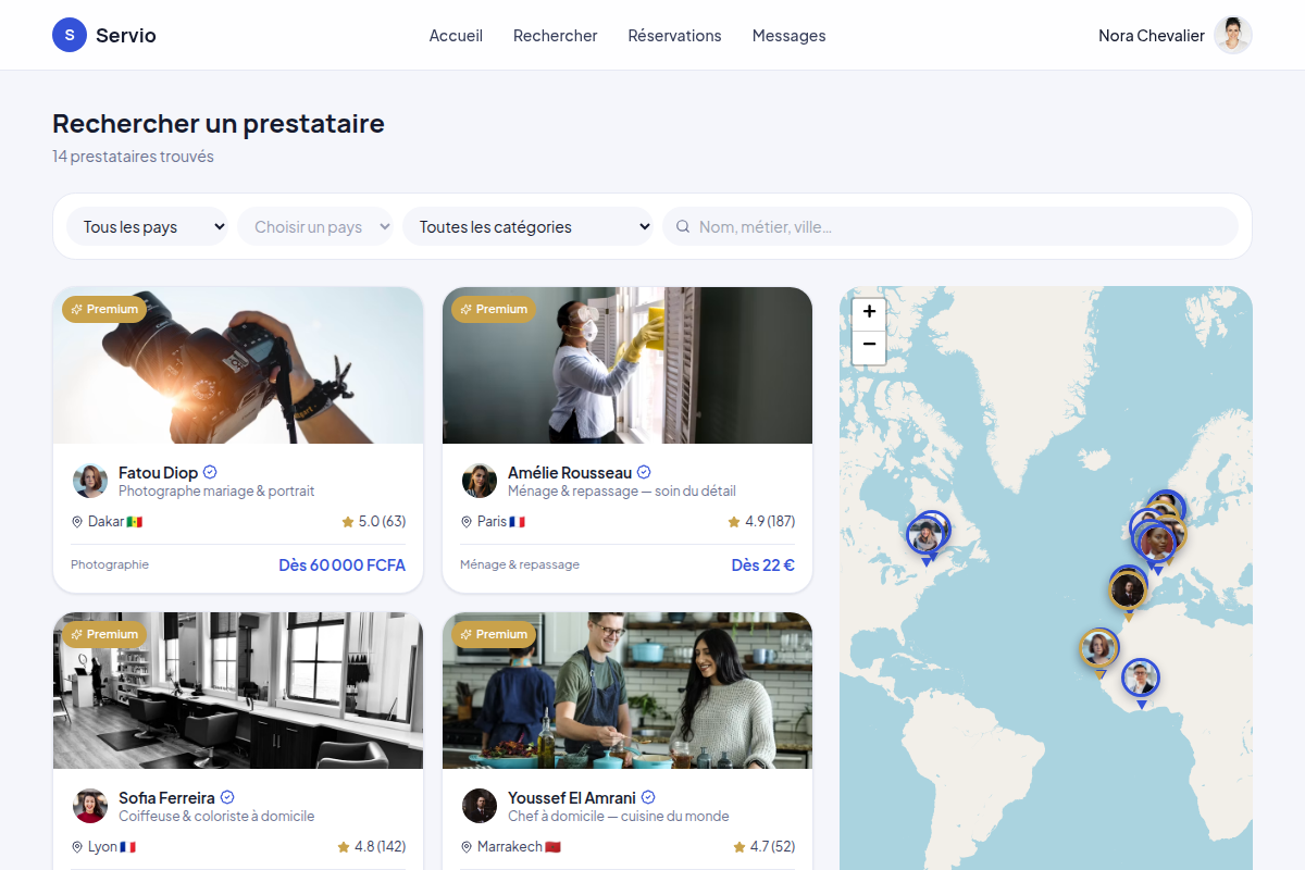 Résultats de recherche avec carte des prestataires