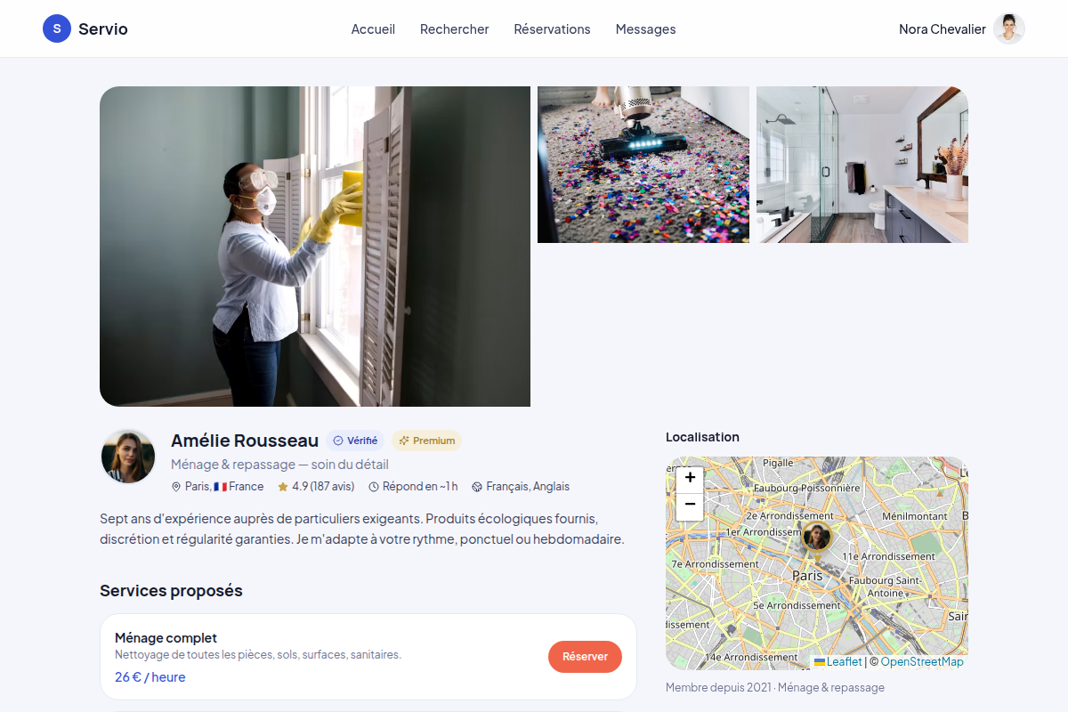 Fiche prestataire : galerie, services, avis