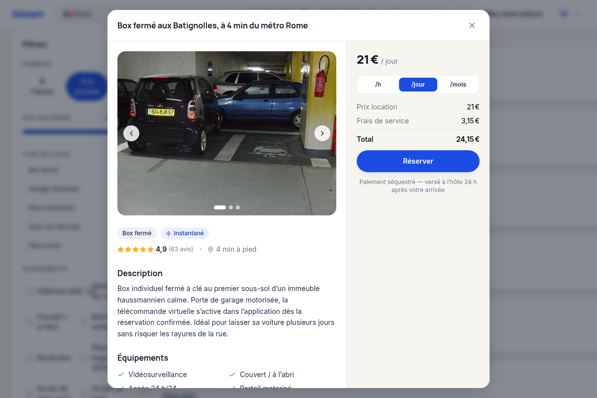 Fiche détaillée d'un box avec photos et prix