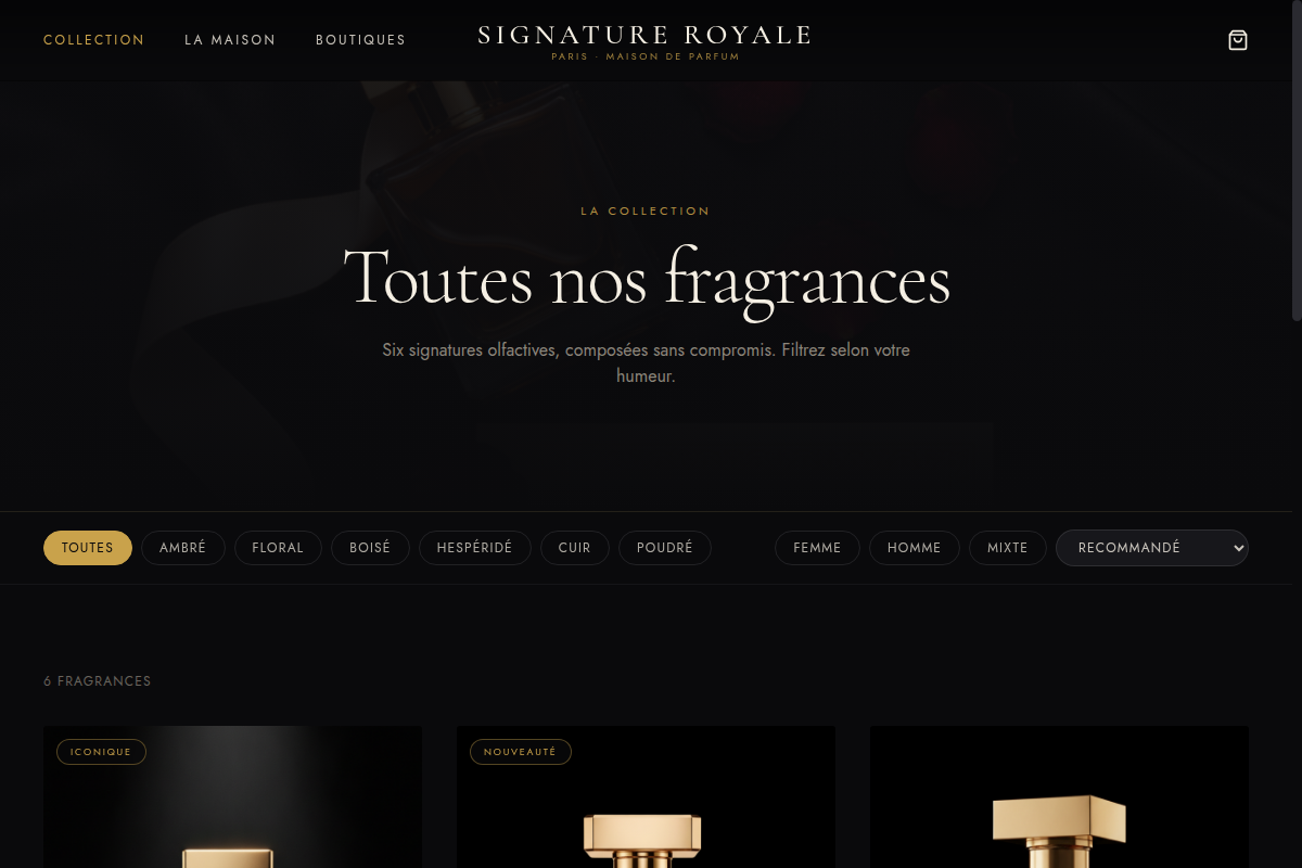 Catalogue filtrable par famille olfactive