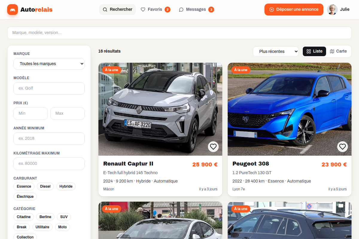 Liste d'annonces avec filtres par marque, prix et carburant