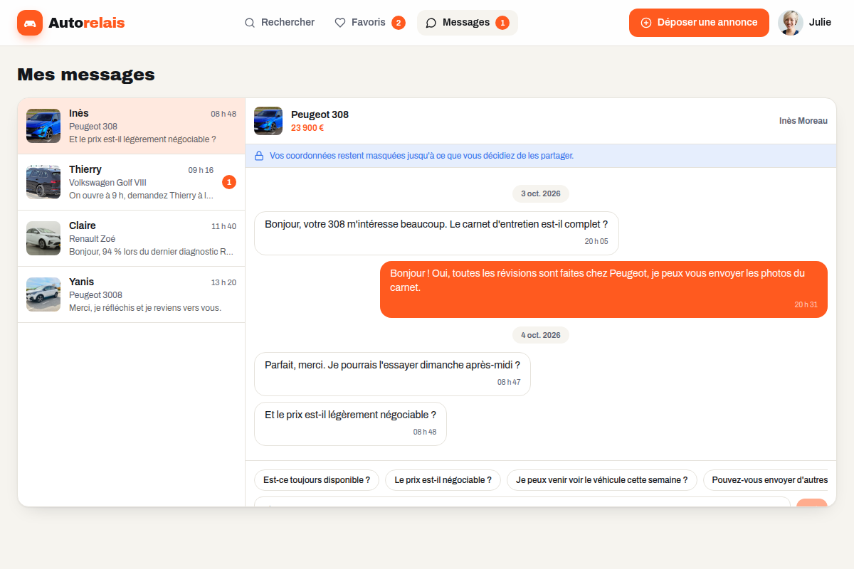 Messagerie sans coordonnées, échanges dans le site