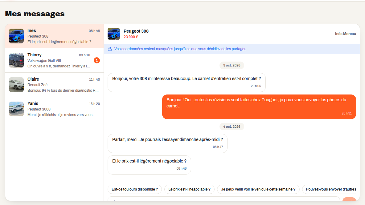 Coordonnées masquées, échanges dans le site