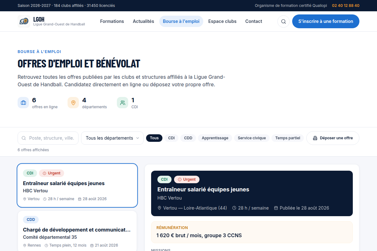 Bourse à l'emploi filtrable avec détail d'offre