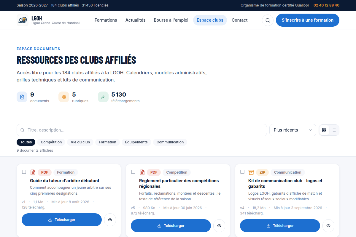 Espace documents téléchargeables pour les clubs