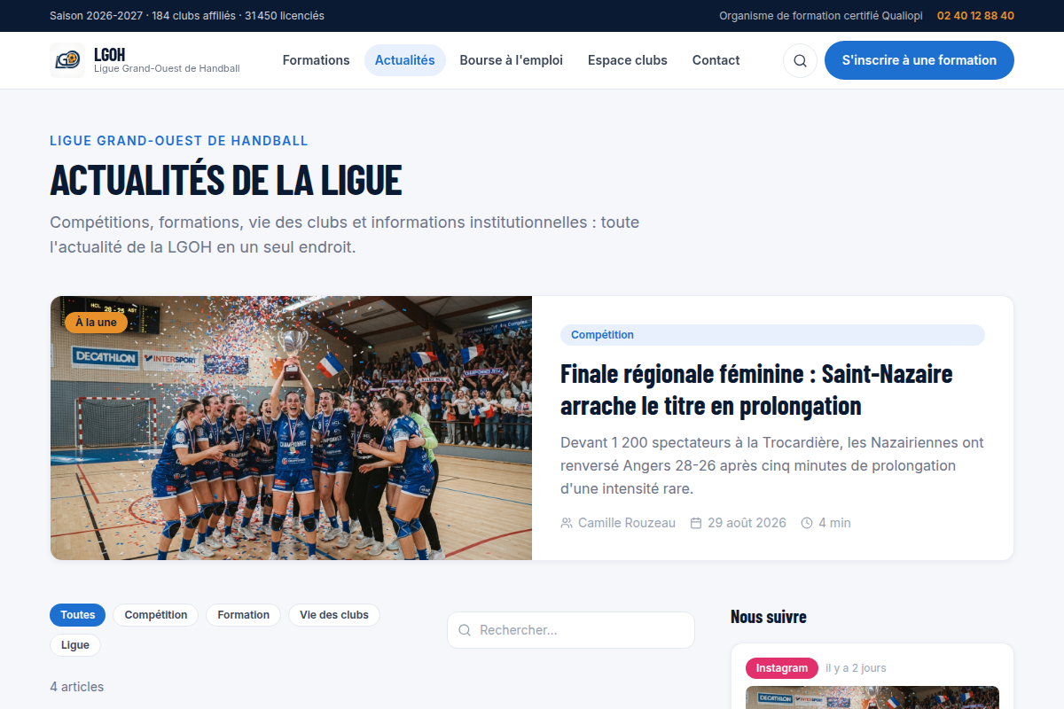 Actualités de la ligue avec article à la une