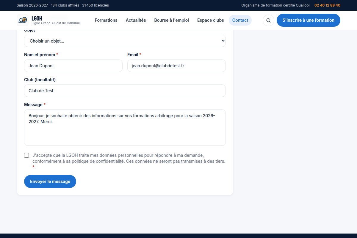 Formulaire de contact rempli avec données de test