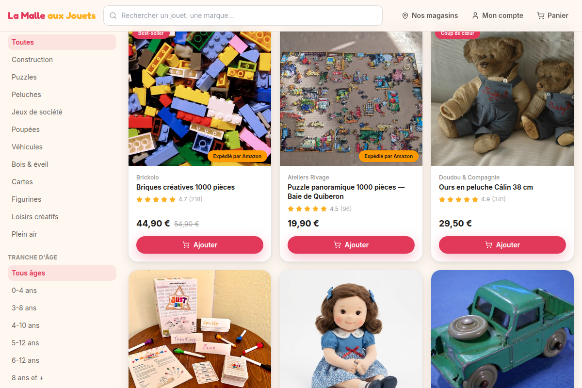 Catalogue avec badges logistique