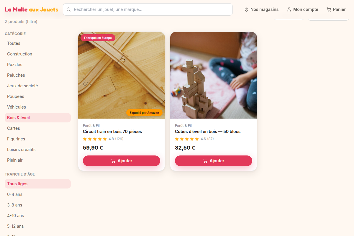 Filtres catégorie, âge, prix