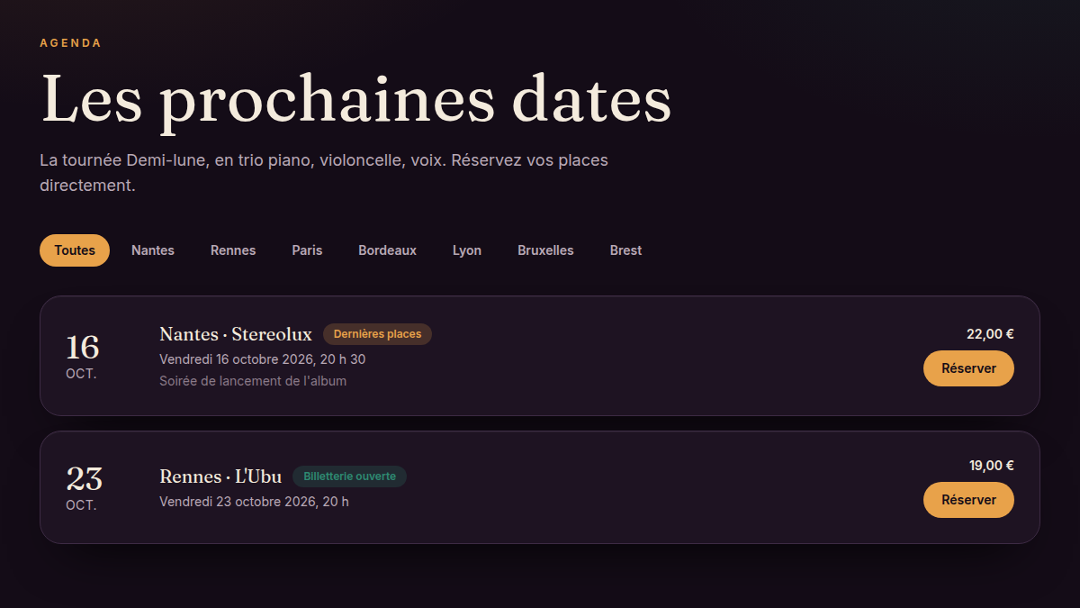 Statut de billetterie visible sur chaque date
